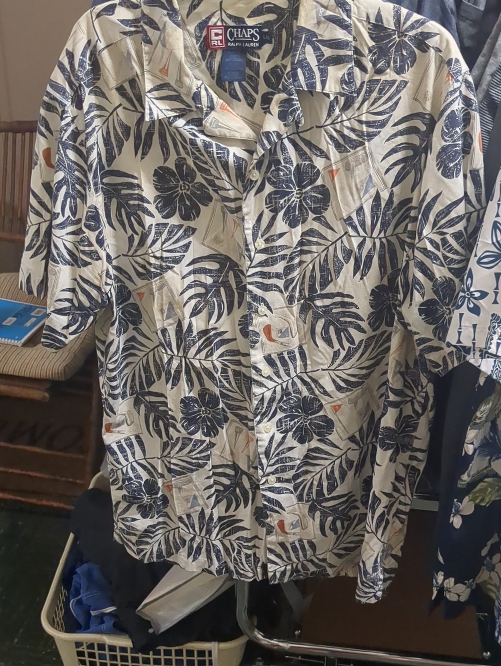 Chaps Cream Short-Sleeve Tropical Button-Down with Navy Leaf Print